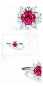 Macro detail of S925 silver ring with red ruby sunflower design and white carbon diamonds