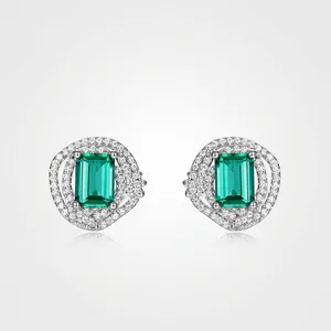 925 Sterling Silver Geometric Lab-Grown Emerald Stud Earrings Irregular Pave Rhinestone Elegant Women Fashion Jewelry