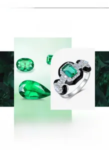 Macro detail of emerald cut gemstone ring with white zircon pave and black enamel accents