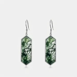 S925 Sterling Silver Moss Agate Hexagon Dangle Earrings For Women Natural Green Stone Geometric Drop Earrings Jewelry