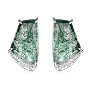 Natural water grass agate S925 silver stud earrings with fan-shaped detailed carving
