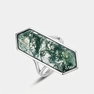 Vintage 925 Sterling Silver Moss Agate Ring For Women Hexagonal Natural Waterweed Agate Adjustable Open Finger Ring Jewelry