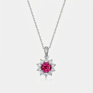 925 Sterling Silver Lab-Grown Ruby Sunflower Pendant Necklace Luxury Zirconia Flower Charm Necklace Jewelry For Women