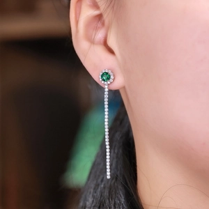 Elegant S925 sterling silver emerald tassel earrings with sparkling halo for women