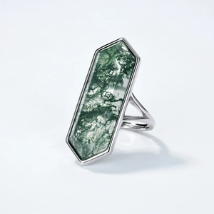 Minimalist hexagonal moss agate ring in 925 sterling silver with adjustable band design