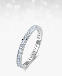 Macro detail of full eternity moissanite ring with claw setting in S925 sterling silver