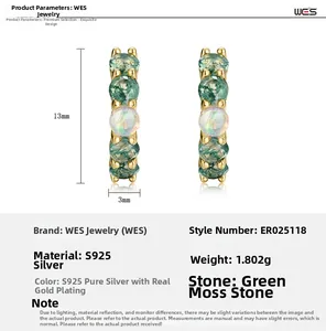 Detail of S925 silver earrings with green moss agate and iridescent opal stones