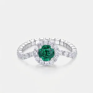 925 Sterling Silver Lab-Grown Emerald Ring For Women Round Green Stone Halo Rhinestone Inlaid Fashion Jewelry Finger Ring