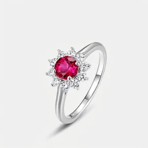Luxurious 925 Sterling Silver Lab Grown Ruby Sunflower Ring Elegant Halo Floral Cluster Statement Ring For Women Jewelry