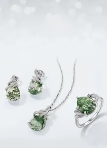 Macro detail of moss agate jewelry set featuring drop-shaped stones and snake scale textures