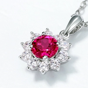 S925 sterling silver necklace featuring a sunflower pendant with pink lab-grown ruby