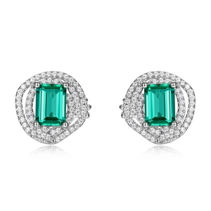 S925 Sterling Silver Square Emerald Stud Earrings with Irregular Halo for Women