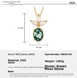 Detail of S925 silver necklace featuring green moss agate and three opal stones