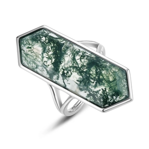 Minimalist S925 silver ring featuring a hexagonal natural moss agate stone with green moss details