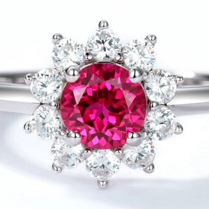 Luxurious S925 sterling silver ring with sunflower red ruby and sparkling zircon halo
