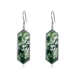 Elegant S925 sterling silver drop earrings with geometric green moss agate stones