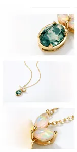 Detailed view of S925 silver pendant with green moss agate and floral opal accents