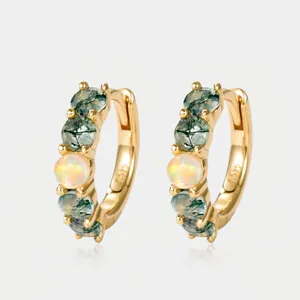 S925 Sterling Silver Gold Plated Moss Agate Opal Ear Buckle Earrings For Women Vintage Natural Stone Inlaid Huggie Hoop Earrings Jewelry