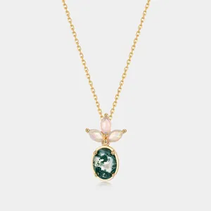 925 Sterling Silver Moss Agate Floral Pendant Necklace For Women Vintage Natural Artificial Opal Inlaid Gold Plated Jewelry