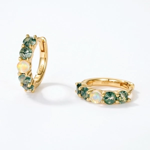 S925 sterling silver huggie earrings featuring natural opal and moss agate gemstones