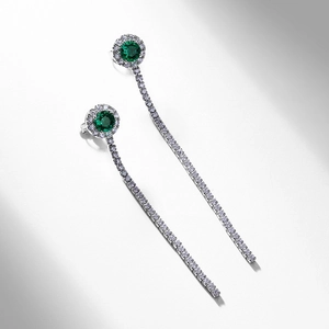 S925 sterling silver emerald tassel earrings with sparkling white cubic zirconia gems