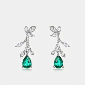925 Sterling Silver Flower Leaf Drop Earrings For Women Elegant Lab-Grown Emerald Zirconia Dangle Earrings Niche Jewelry Gift