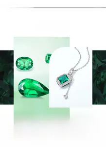 Macro shot of S925 silver necklace with rectangular emerald pendant and white zircon halo