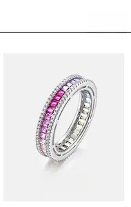 Detailed view of S925 silver ring featuring rainbow gradient baguette cut zircons