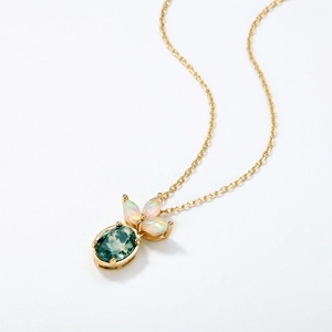 Elegant S925 silver necklace with moss agate pendant and opal accents on gold chain