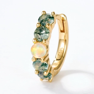 Elegant S925 silver gold-plated huggie earrings with green agate and opal stones