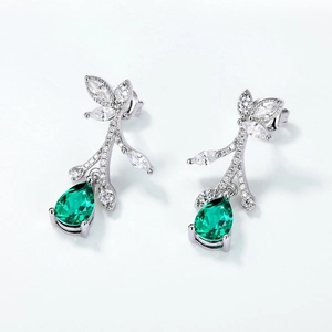 Elegant S925 silver flower leaf earrings with pear-cut green emerald drop gemstones