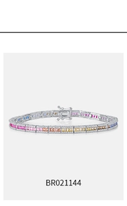 Detail of S925 silver rainbow tennis bracelet with square-cut multicolored gemstones