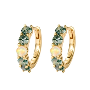 S925 silver gold-plated hoop earrings with natural moss agate and opal gemstones