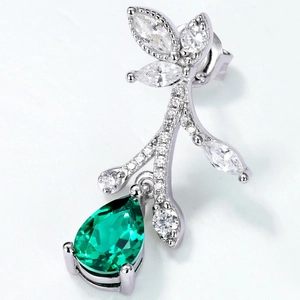 S925 silver emerald earrings featuring floral leaf design and waterdrop gemstone