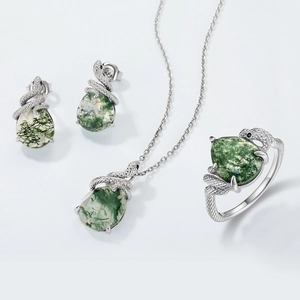 S925 silver moss agate jewelry set featuring pear-cut stones and snake design elements