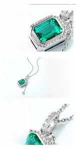 Detail of S925 silver necklace with emerald cut lab-grown gemstone and zircon halo