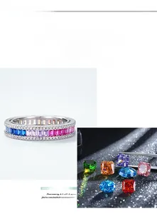 Macro shot of S925 silver ring featuring baguette-cut gradient colorful cubic zirconia