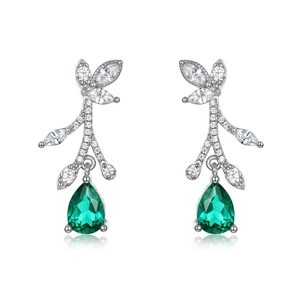 Elegant S925 silver leaf earrings with pear-cut emerald green gemstone and cubic zirconia