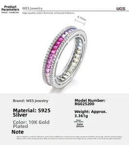 Macro shot of S925 sterling silver ring with colorful rainbow cubic zirconia baguette stones