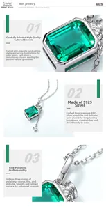 Detailed view of S925 silver necklace featuring an emerald-cut lab-grown gemstone pendant