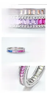 Macro detail of S925 silver ring featuring hand-set colorful cubic zirconia stones