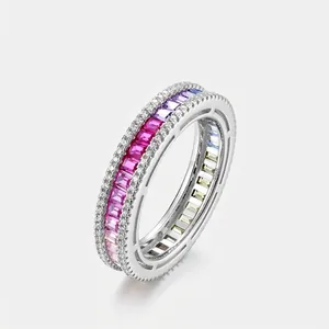 925 Sterling Silver Rainbow Zirconia Ring For Women Luxurious Multi Color Baguette Cut Full Circle Eternity Finger Ring Jewelry Gift