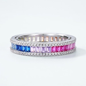 Rainbow baguette gemstone ring in S925 sterling silver with sparkling zircon borders