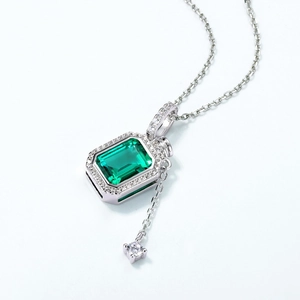 S925 silver emerald pendant necklace with halo setting and elegant chain for women
