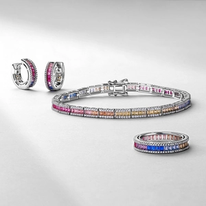 Elegant S925 sterling silver jewelry set with rainbow baguette cut cubic zirconia