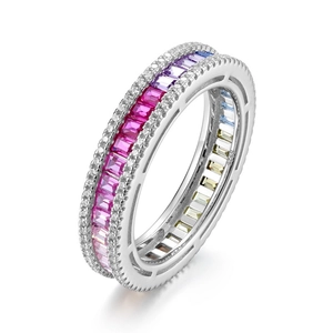 S925 sterling silver rainbow ring featuring colorful baguette cut stones and zircon accents