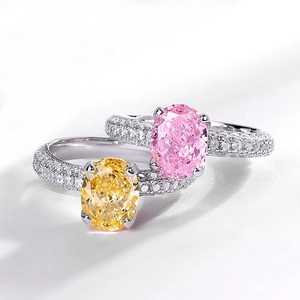 Bagues luxe en argent S925 avec diamants ovales rose et jaune 4ct et anneau pavé de cristaux