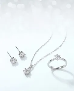 Moissanite jewelry set with classic six-prong round cut ring, necklace and stud earrings