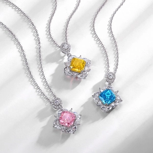 Collier en argent 925 avec pendentif en pierre de 12ct taille carrée rose jaune bleu