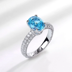 Bague luxueuse en argent S925 avec diamant bleu ovale de 4ct et anneau pavé de cristaux